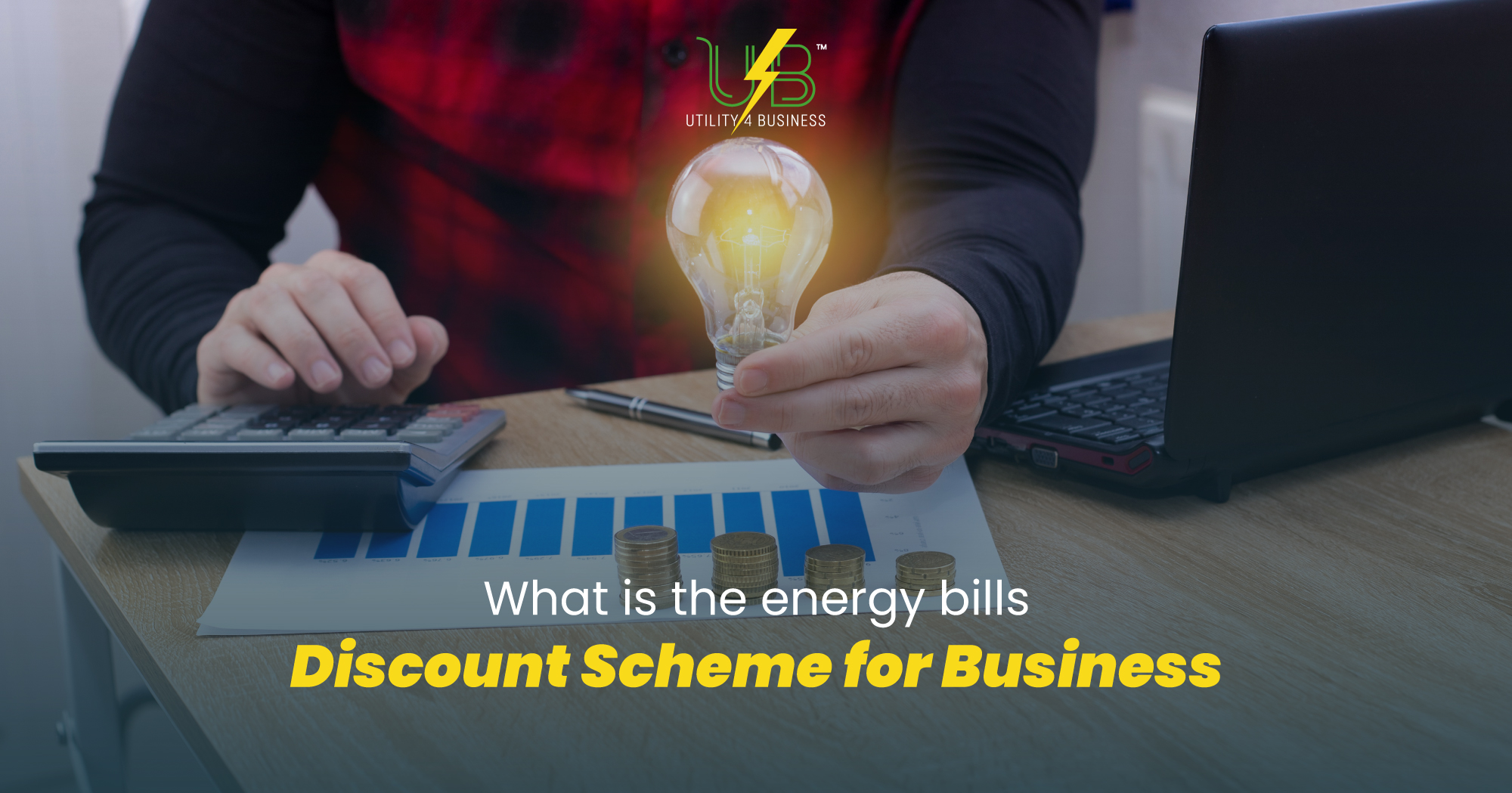 Businessman calculating savings with lightbulb and coins – energy bills discount scheme for businesses explanation.
